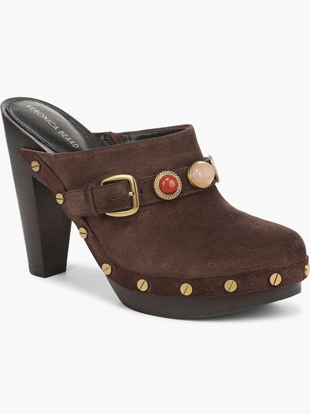 Veronica Beard Brown Suede Studded Buckle Clog with Decorative Stones